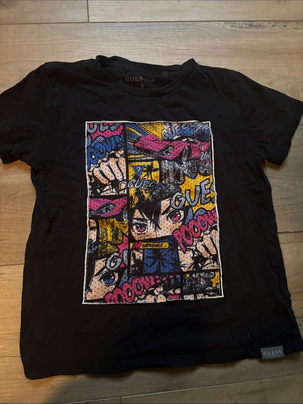 Kids Guess Black Short-Sleeve Tee with Colorful Comic Pop-Art Panel